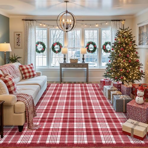 Christmas Red & White Large 8x10 Washable Area Rug - Festive Living Room Decoration