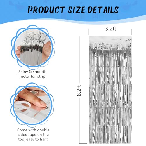 Accevo Silver Party Streamers - 3 Pack Metallic Tinsel Curtains