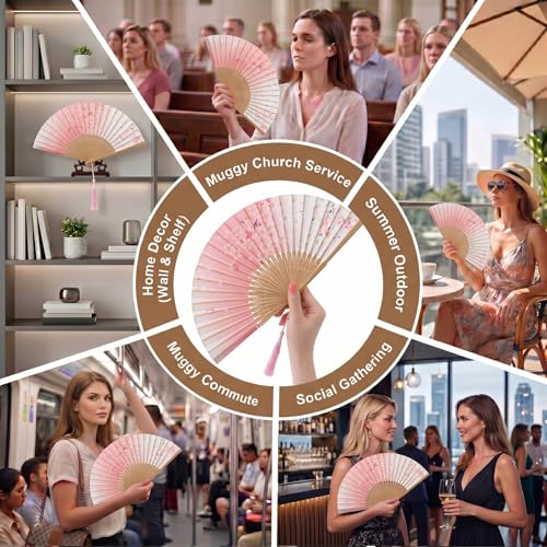 Pink Japanese Folding Hand Fan for Women - Bamboo Silk with Pouch
