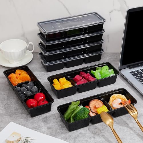 Hushee 17 oz 3-Compartment Disposable Meal Prep Containers - Black, 5 Pack