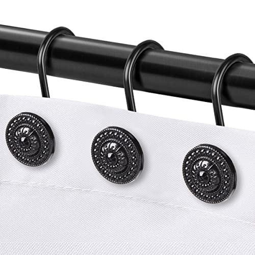 Black Shower Curtain Hooks - Rust Proof Decorative Rings, 12Pcs