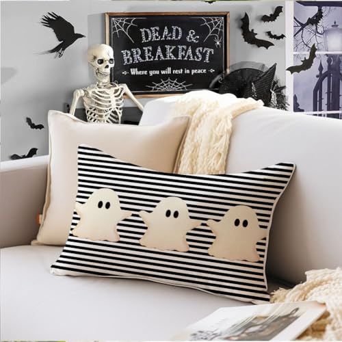 Halloween Ghost Pillow Cover 12x20 - Black Stripe Decor