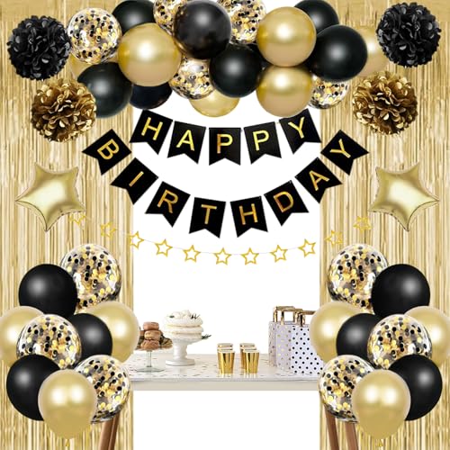 Black and Gold Birthday Decorations Kit with Balloons, Banner, and Backdrop