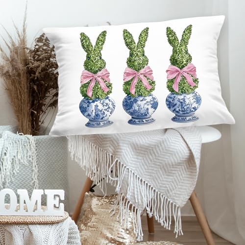 Pink Easter Bunny Pillow Cover 12x20 - Blue Chinoiserie Decor for Living Room & Bedroom