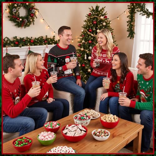 Christmas Candy Cane Disposable Plastic Cups Set with Lids & Straws - Red Green Variation