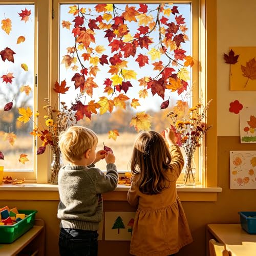 Whaline Fall Window Clings - 6 Sheets Colorful Maple Leaf Decals