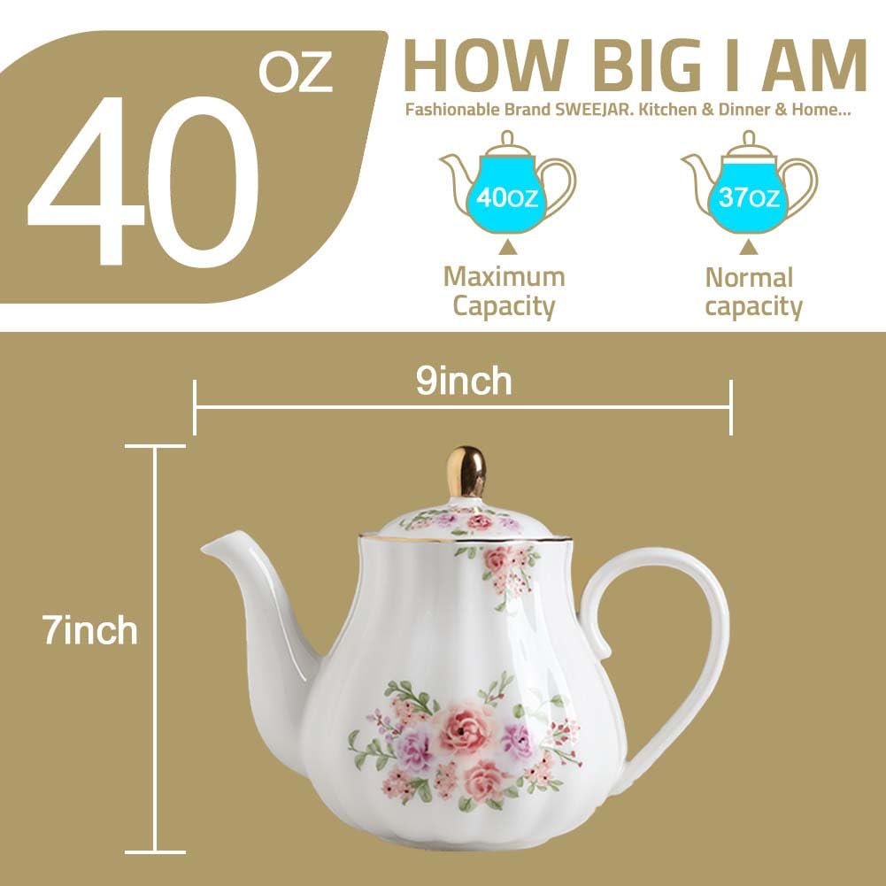 Sweejar Royal Teapot, Ceramic Tea Pot with Removable Stainless Steel Infuser, Blooming & Loose Leaf Teapot (Rose Flower, 40 Ounce)