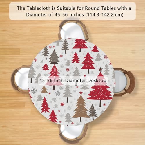 56-Inch Round Elastic Christmas Tablecloth with Red White Tree Design - Waterproof & Fitted Fleece for Kitchen, Party