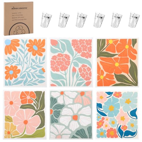 Pink Abstract Floral Swedish Dishcloths Set with Clips - 6 Reusable Kitchen Towels