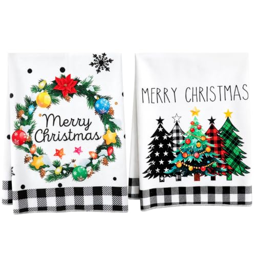 2Pcs Black White Buffalo Plaid Xmas Trees Christmas Dish Towels - Rustic Kitchen Decor