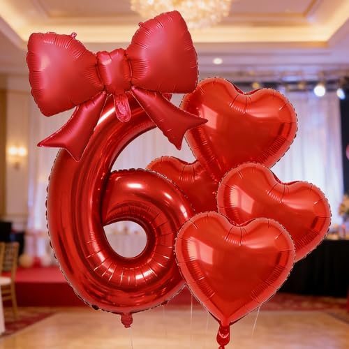 Red Number Balloons Set - 32 Inch Mylar Foil with Bow & Heart