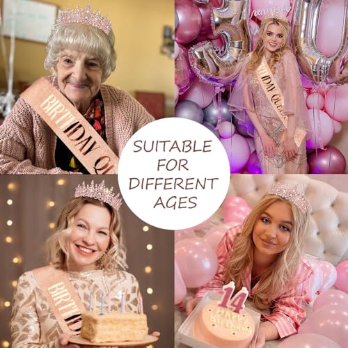 TOBATOBA Birthday Queen Sash and Rose Gold Rhinestone Tiara Set