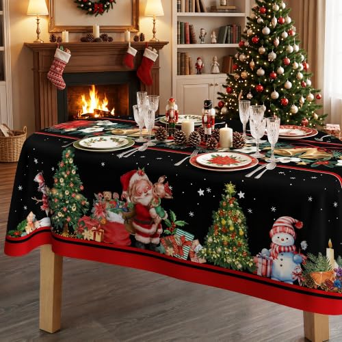Christmas Tablecloth 60x84 Inch Oval Santa Snowman Poinsettia Vintage Polyester