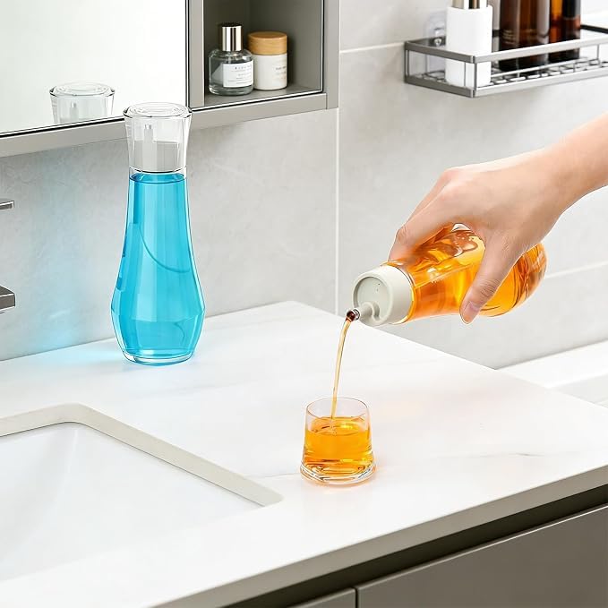 LGURT 9oz Glass Mouthwash Dispenser with Rinse Cup – Refillable Decanter