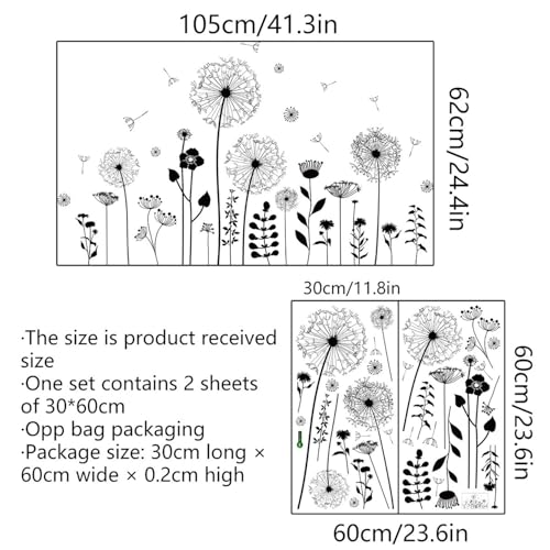 Black Dandelion Wall Decals - Large Floral Vinyl Stickers for Home