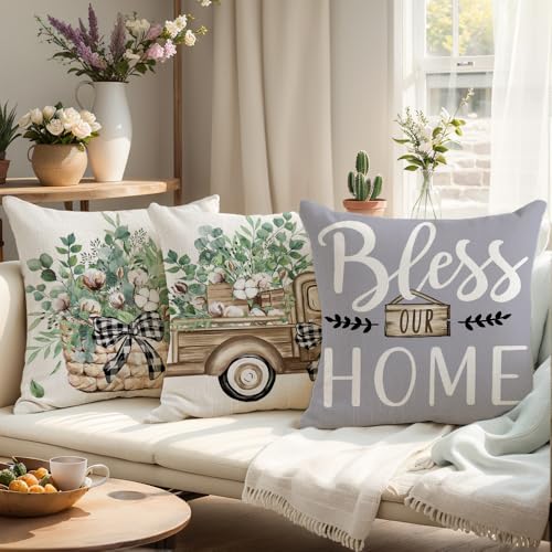 Wyooxoo Dark Grey Linen Throw Pillow Covers Set of 4 18x18 Inches Farmhouse Sofa Decor