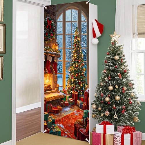 Christmas Door Cover Banner - Merry Christmas Scene, 70.87x35 Inches, Polyester, Variation HD04458