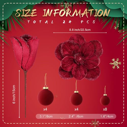Burgundy Velvet Christmas Tree Decorations Set with Poinsettias & Ornaments