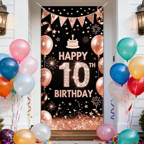 10th Birthday Door Cover - Rose Gold & Black Party Banner 71x35"