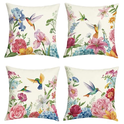 Floral Hummingbird Throw Pillow Covers 18x18 - Set of 4