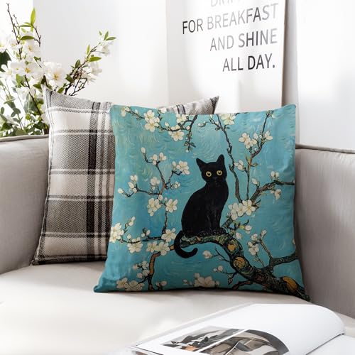 Van Gogh Almond Blossom Cat Pillow Cover 18x18 - Gift for Cat Lovers