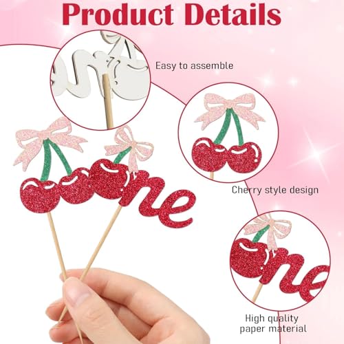24 Cherry Cupcake Toppers with Bows - Glittery Birthday Party Decor