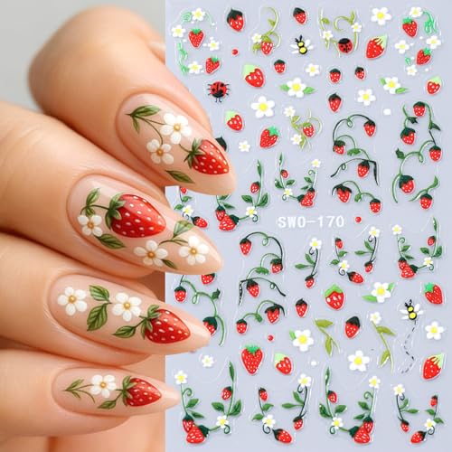 3D Embossed Floral Nail Art Stickers Daisy Strawberry Cherry Decals