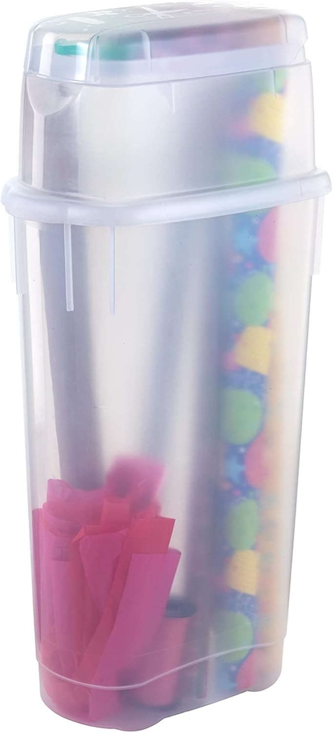 Rubbermaid Wrap N' Craft Plastic Wrapping Paper Organizer - Clear Storage for 20 Rolls & Top Compartment