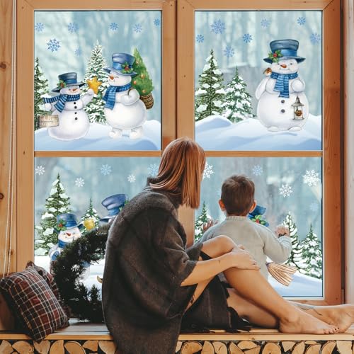 Winter Christmas Snowman Window Clings - Reusable Watercolor Holiday Decals for Home & Party