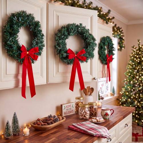 Artificial Christmas Wreath Set with Red Velvet Bow - 14 Inch Holiday Decoration