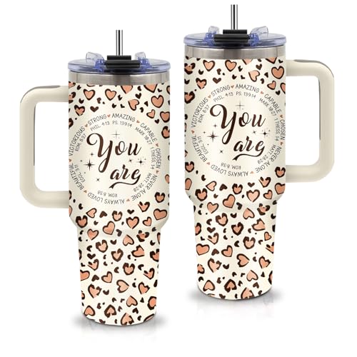Christian You Are Tumbler 40oz Leopard Design with Handle & Straw - Inspirational Gift Variation of Christian-You Are