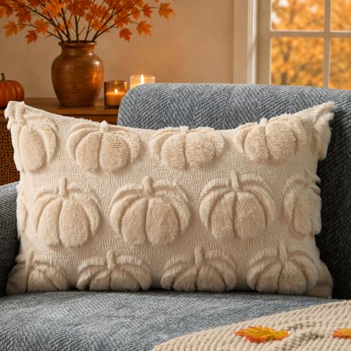 Beige Big Pumpkin Pillow Cover 12x20 - Cozy Fall Decor