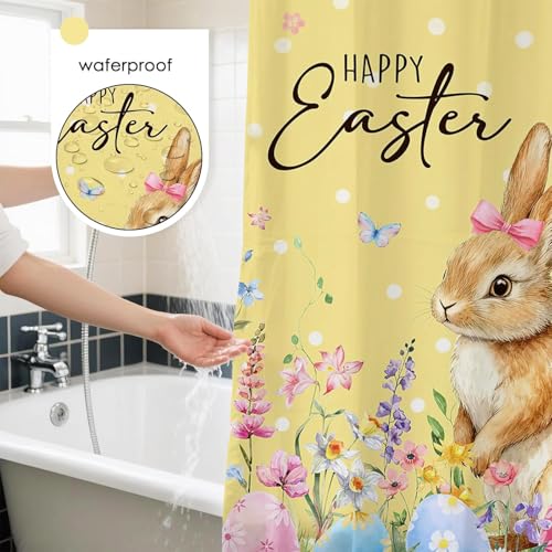 Mocsicka Easter Bunny & Egg Shower Curtain Yellow 71x71in Waterproof Bathroom Decor