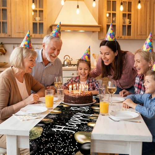 Happy Birthday Table Runner - 72x13in Black Gold Decor