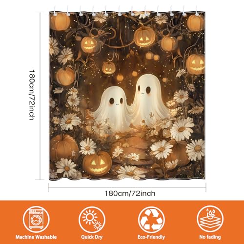 Cute Halloween Shower Curtain - Orange Pumpkin & Ghost - 72x72"