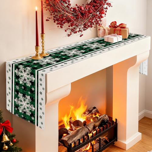 Snowflakes Christmas Table Runner Green Black Plaid Farmhouse Holiday Decor 13x48 Inch