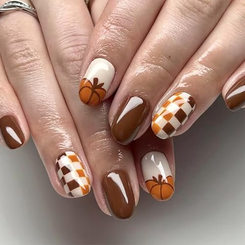 Vopintpy Halloween Pumpkin Press on Nails Medium Oval False Nails Set