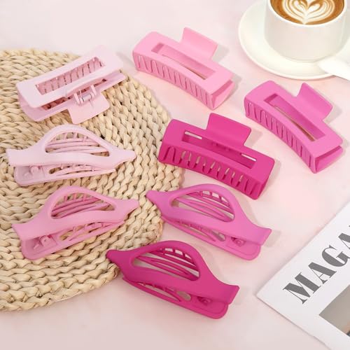 CHANDAT Pink Hair Claw Clips 8 Pcs Large Square & Flat Hair Clips for Thick and Thin Hair