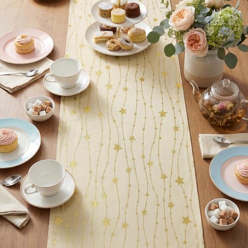 Beige Burlap Table Runner 12x108 Inch with Gold Stars & Glitter Finish