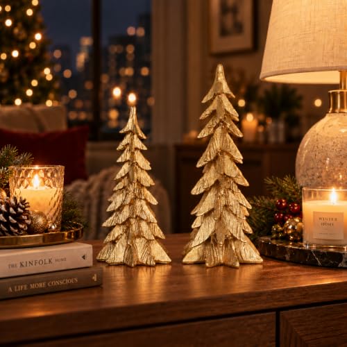 Golden Resin Christmas Trees Set of 2 Indoor Holiday Decor