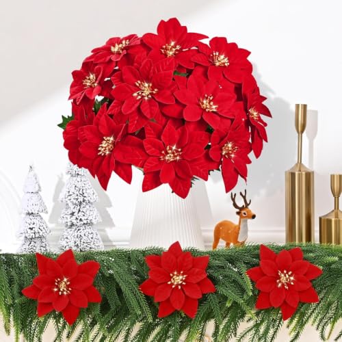 Artificial Poinsettia Flowers - Red Velvet 24 Pack, 17-Inch Christmas Decor