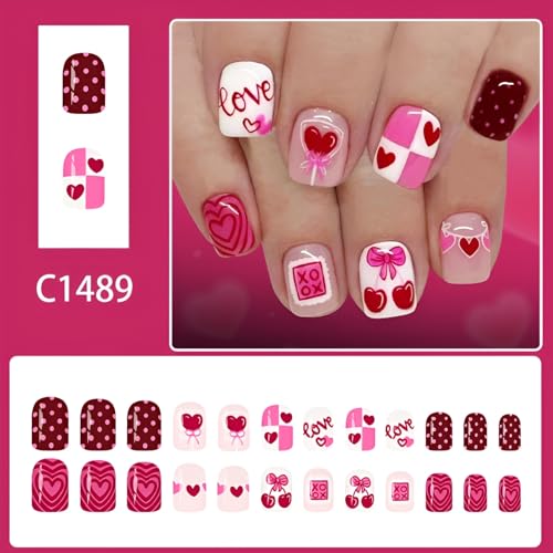 Valentines Press on Nails Short Square Red Heart Fake Nails Glossy Bow