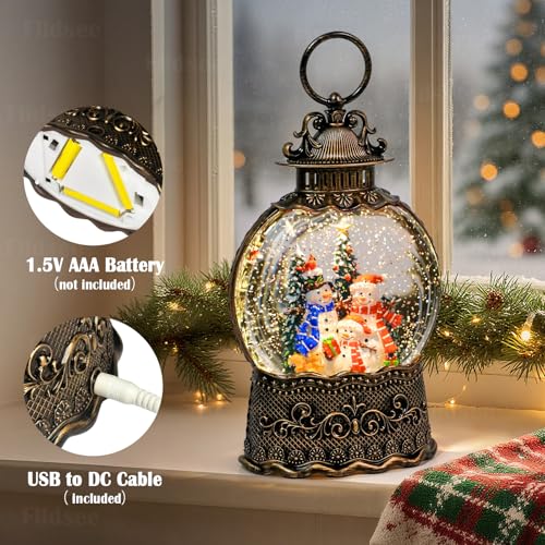 Christmas Snow Globe Lantern with Musical Snowman & Squirrel - Snow Globe Light with Timer & USB/Battery Power - Holiday Indoor Decor - Snowman Family Variation