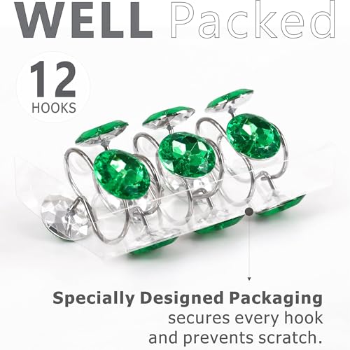 Sparkly Green Rhinestone Shower Curtain Hooks - 12Pcs
