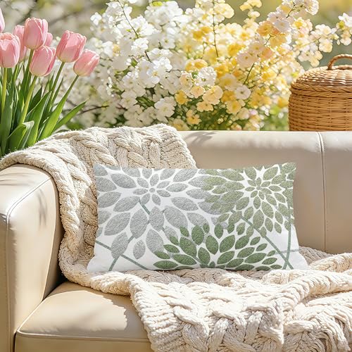 Sage Green Dahlia Boho Lumbar Pillow Cover 12x20 - Double-Sided Floral Design