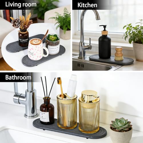 Diatomite Water Absorbing Stone Tray Set - Quick Dry Gray Sink Organizer