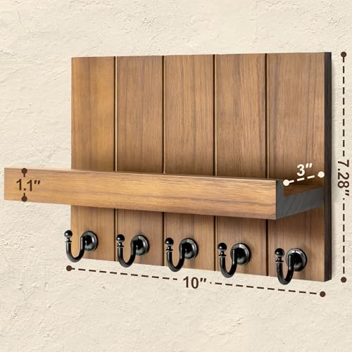 Rebee Vision Rustic Wood Key Holder Wall Mount with Shelf - 10 Inch, Brown