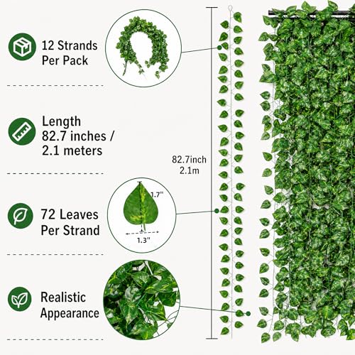 12 Pack Artificial Ivy Leaves Garlands - 7ft Indoor/Outdoor Decor