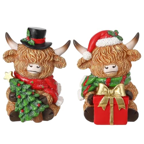 Christmas Highland Cow Figurines Set - Resin Farmhouse Holiday Decorations