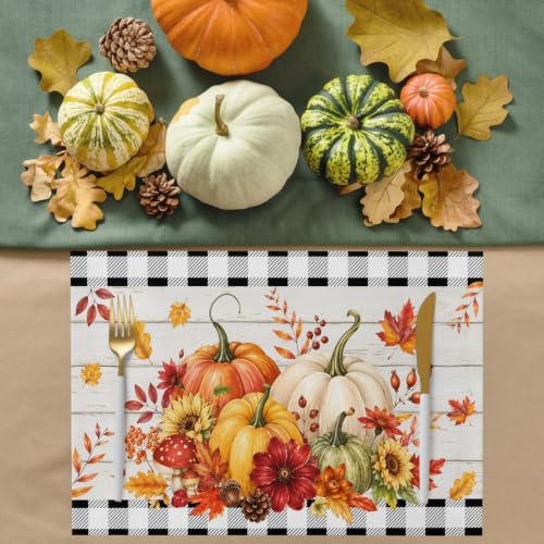 Fall Placemats Set of 6 - Orange and Black Farmhouse Table Mats with Pumpkin Design